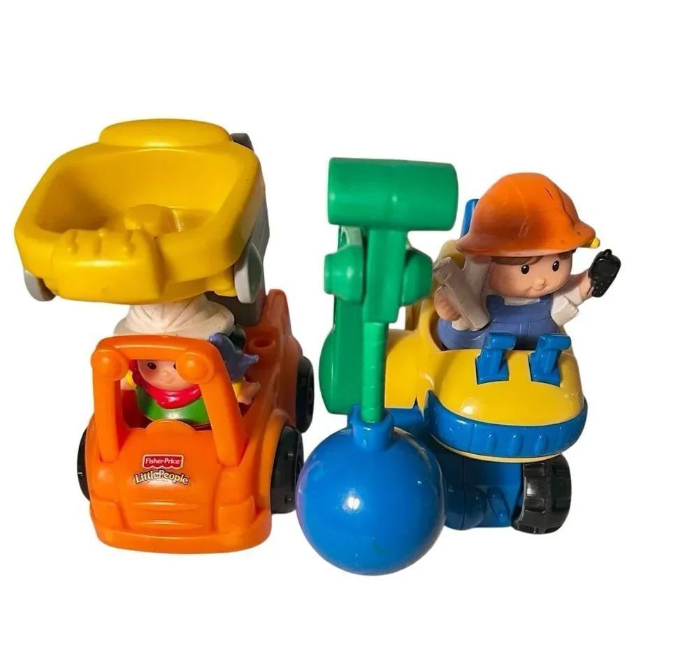 2 Fisher Price Little People Construction Site Workers Stack N Crash Trucks